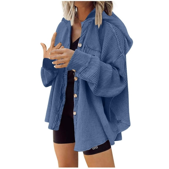 Button Cardigan for Women Waffle Knit Solid Color Hooded Long Sleeve Jackets Ladies Casual Fashion Work out Coats(Navy,L)