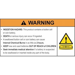Button Cell Battery Warning Labels - Color-Coded for Ingestion Hazard Compliance, Serious Injury or Death Risk - 1.5 x 2.5 Inch - Durable, Adhesive, Easy-to-Read, Meets Safety Standards