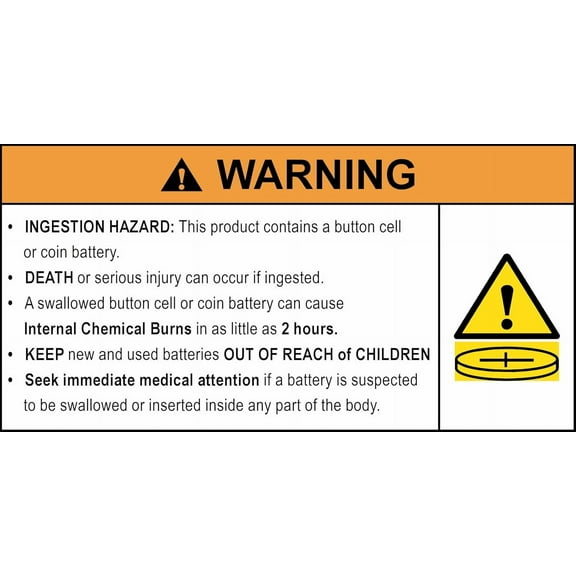 Button Cell Battery Warning Labels - Color-Coded for Ingestion Hazard Compliance, Serious Injury or Death Risk - 1.5 x 2.5 Inch - Durable, Adhesive, Easy-to-Read, Meets Safety Standards