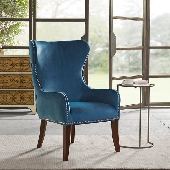 Button Chair In Blue With -colored Arm And Back Wood Support Winged Track Arms