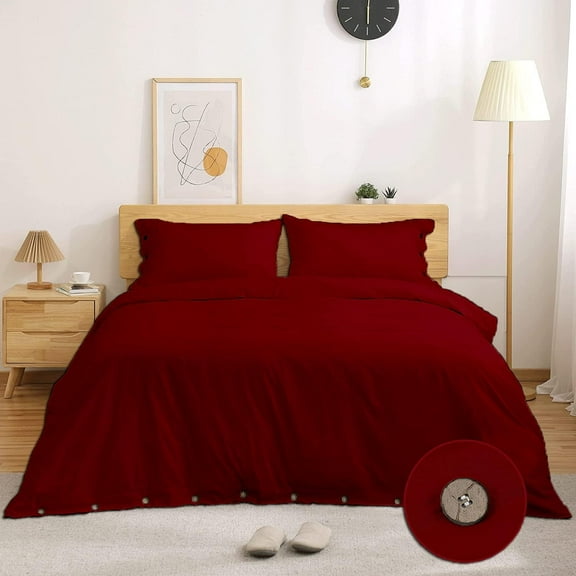 Button Closure Duvet 3 Piece Set - 400 Thread Count - 100% Egyptian Cotton - Super Comfy Comfortor Cover Set - Burgundy Solid, Oversize Queen Size.
