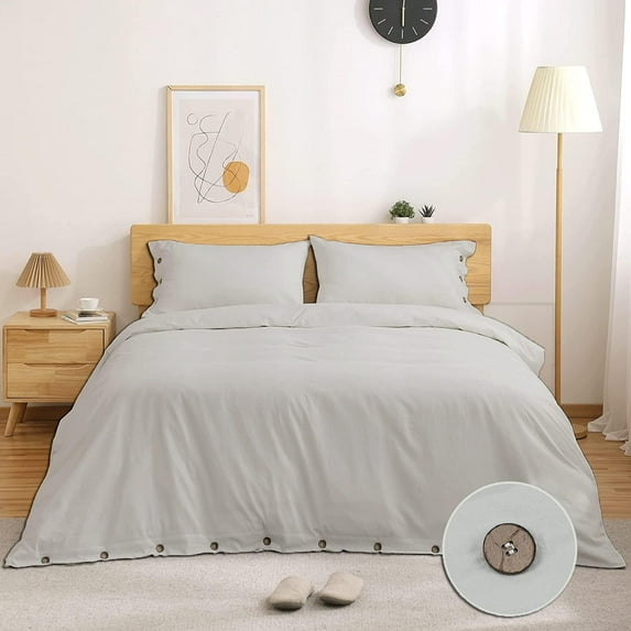 Button Closure Duvet Cover 3 Piece - 100% Egyptian Cotton - 400 Thread Count - Comforter Cover with the New Concept of Button Closure - Light Gray Solid, Twin Size.