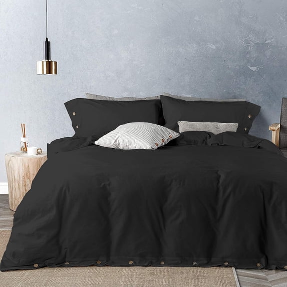 Button Closure Duvet Cover 5 Piece - 100% Egyptian Cotton - 400 Thread Count - Comforter Cover with the New Concept of Button Closure - Black Solid, Oversize Queen Size.