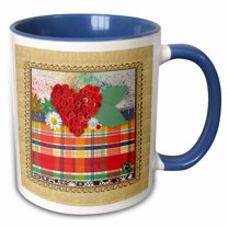 3drose, Button Cluster Heart Shape on Plaid with Flowers, Red, Orange, Green, 15oz Two-tone Blue Mug