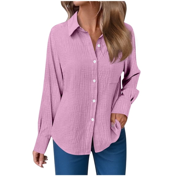 Button Collar Blouse For Women,Soft Solid Color Long Sleeve Top With Turndown Collar For Office/Casual Meetings Purple XL