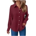 thumbnail image 1 of Button Collar Blouse For Women,Soft Solid Color Long Sleeve Top With Turndown Collar For Office/Casual Meetings Wine 2XL, 1 of 5