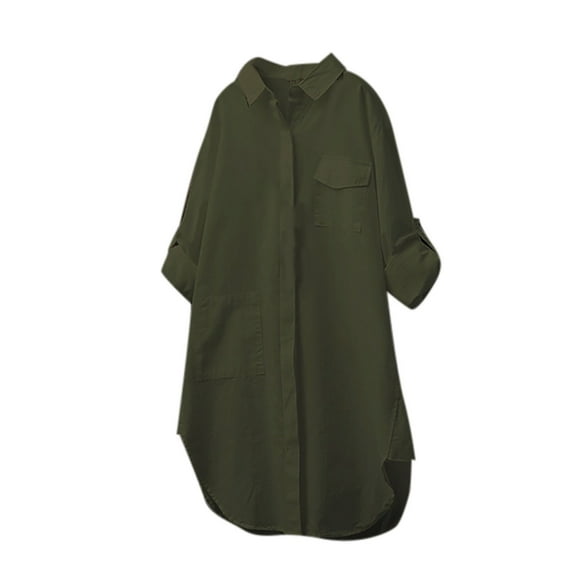 Button Down Collared Long Blouse Trendy Casual Tops for Ladies Solid Color Shirts Plus Size Tops Long Sleeve Elegant Office Wear Blouse Loose Tunic Womens Fall Fashion Green XXL