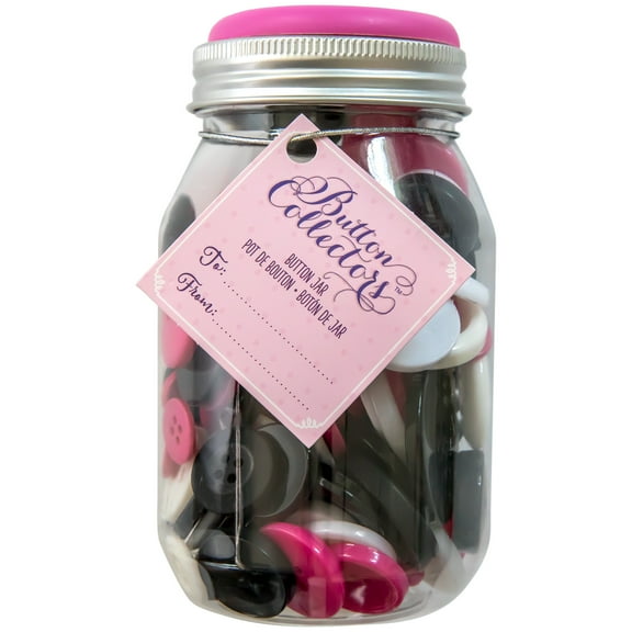 Button Collectors Black, White, And Pink Mix Multi-Sized Buttons Jar, 8 Ounces