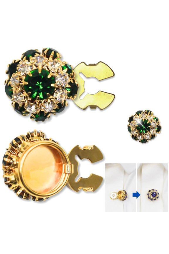 Button Cover Cufflinks for Women, 1.2'' Rhinestone Flower Button Cuff Links for Shirt Sleeve Suit Tuxedo Men Business Weddings Gift Craft Business Birthday, Gold Tone (1Pc, Green)