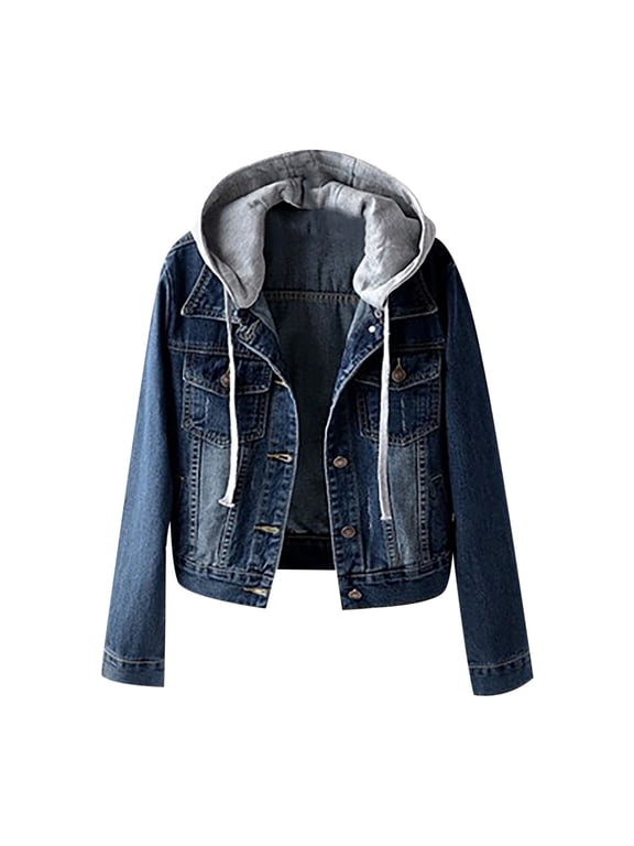 Button Denim Jacket Womens Hooded Denim Jacket Classic Casual Jean Hoodie Jackets Slim Fitting Button Denim Coat Streetwear Dark Blue XL