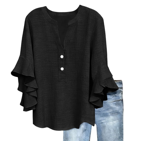 Button Detail 3/4 Tiered Ruffle Bell Sleeve Cotton Linen Loose Blouse for Women Spring Summer Casual Solid Tops for Everyday Wear S-3XL Plus Size