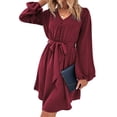 thumbnail image 1 of Button Detail Bishop Sleeve Dress for Women Above Knee Length Burgundy Large, 1 of 1