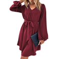 thumbnail image 1 of Button Detail Bishop Sleeve Dress for Women Above Knee Length Burgundy Small, 1 of 1