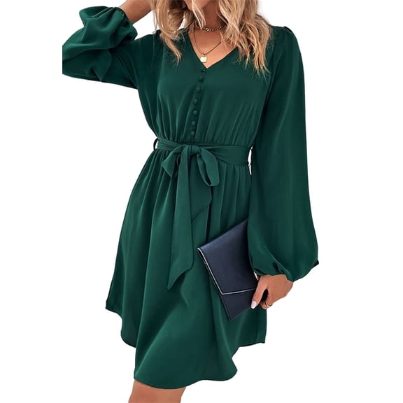 Button Detail Bishop Sleeve Dress for Women Above Knee Length Olive Green Small