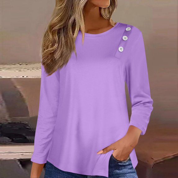 Button Detail Curvy Hem T-shirt, 3/4 Sleeve Round Neck Casual Top, Women's Clothing