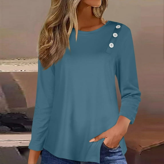 Button Detail Curvy Hem T-shirt, 3/4 Sleeve Round Neck Casual Top, Women's Clothing