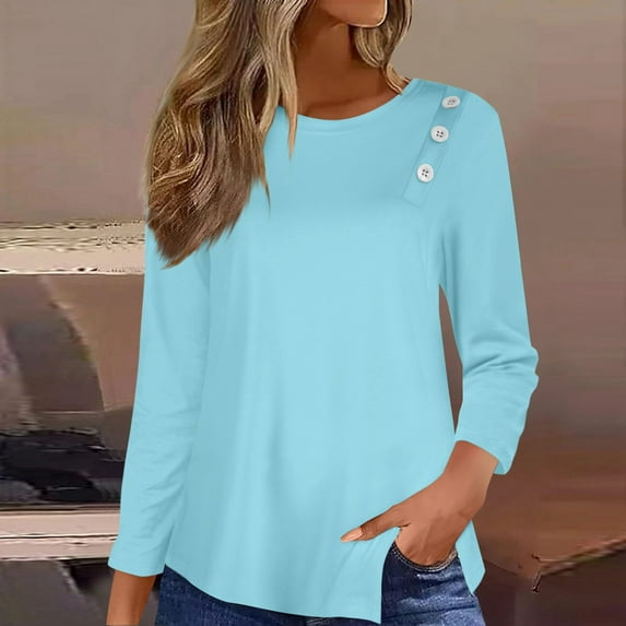 Button Detail Curvy Hem T-shirt, 3/4 Sleeve Round Neck Casual Top, Women's Clothing