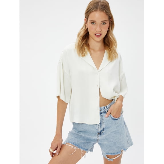 Button Detail Short Sleeve Viscose Satin Shirt