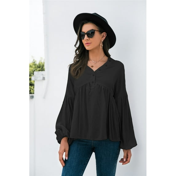 Button Detail V Neck Bishop Sleeve Solid Color Blouse for Women