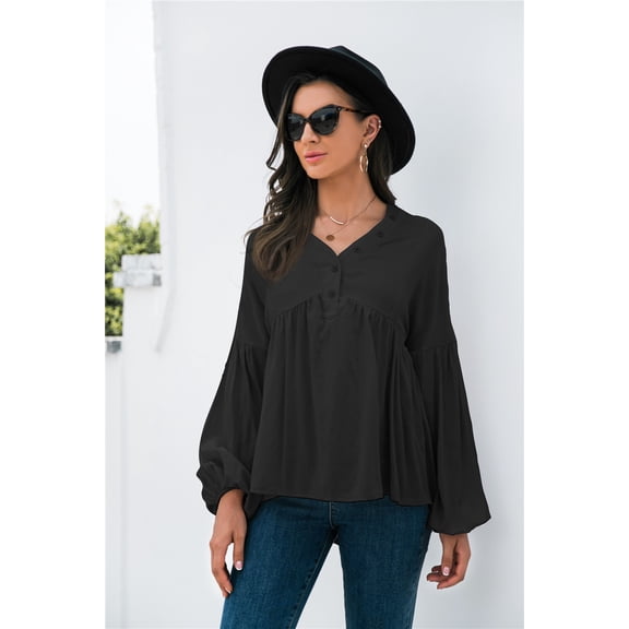 Button Detail V Neck Bishop Sleeve Solid Color Blouse for Women