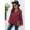 thumbnail image 1 of Button Detail V Neck Bishop Sleeve Solid Color Blouse for Women, 1 of 3