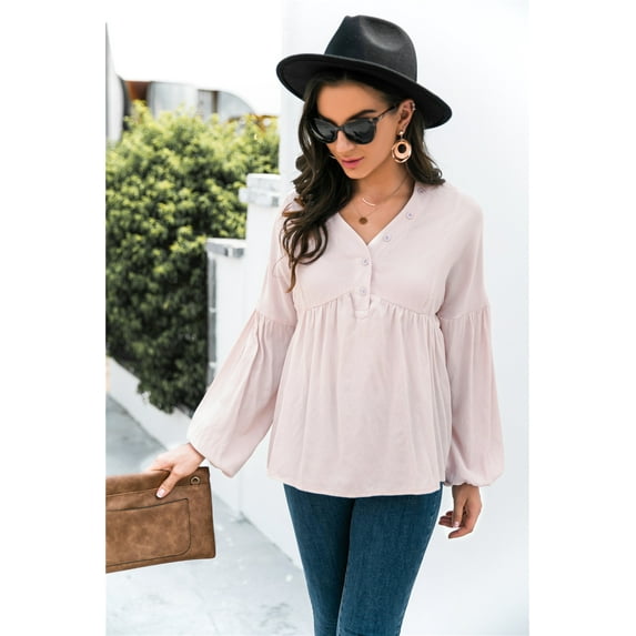 Button Detail V Neck Bishop Sleeve Solid Color Blouse for Women