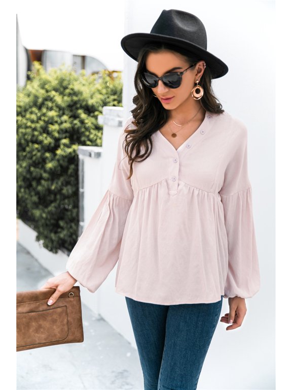 Button Detail V Neck Bishop Sleeve Solid Color Blouse for Women