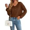 thumbnail image 1 of Button Detail V Neck Drop Shoulder Textured Knit Top for Women Brown X-Large, 1 of 5