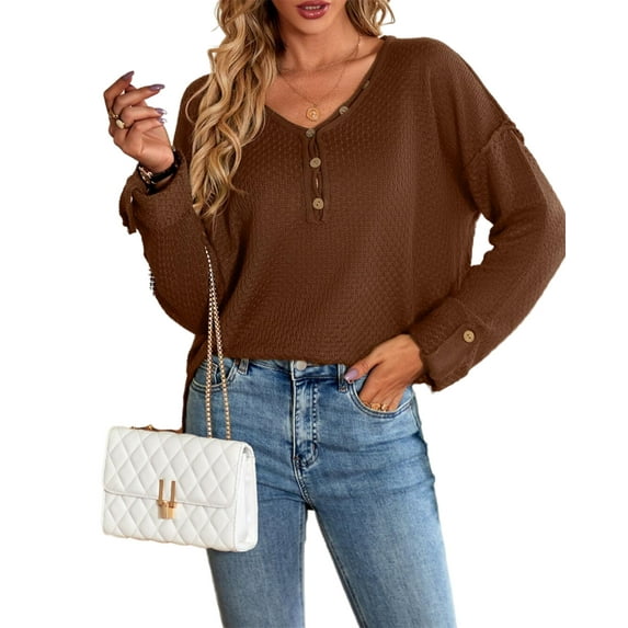 Button Detail V Neck Drop Shoulder Textured Knit Top for Women Brown X-Large