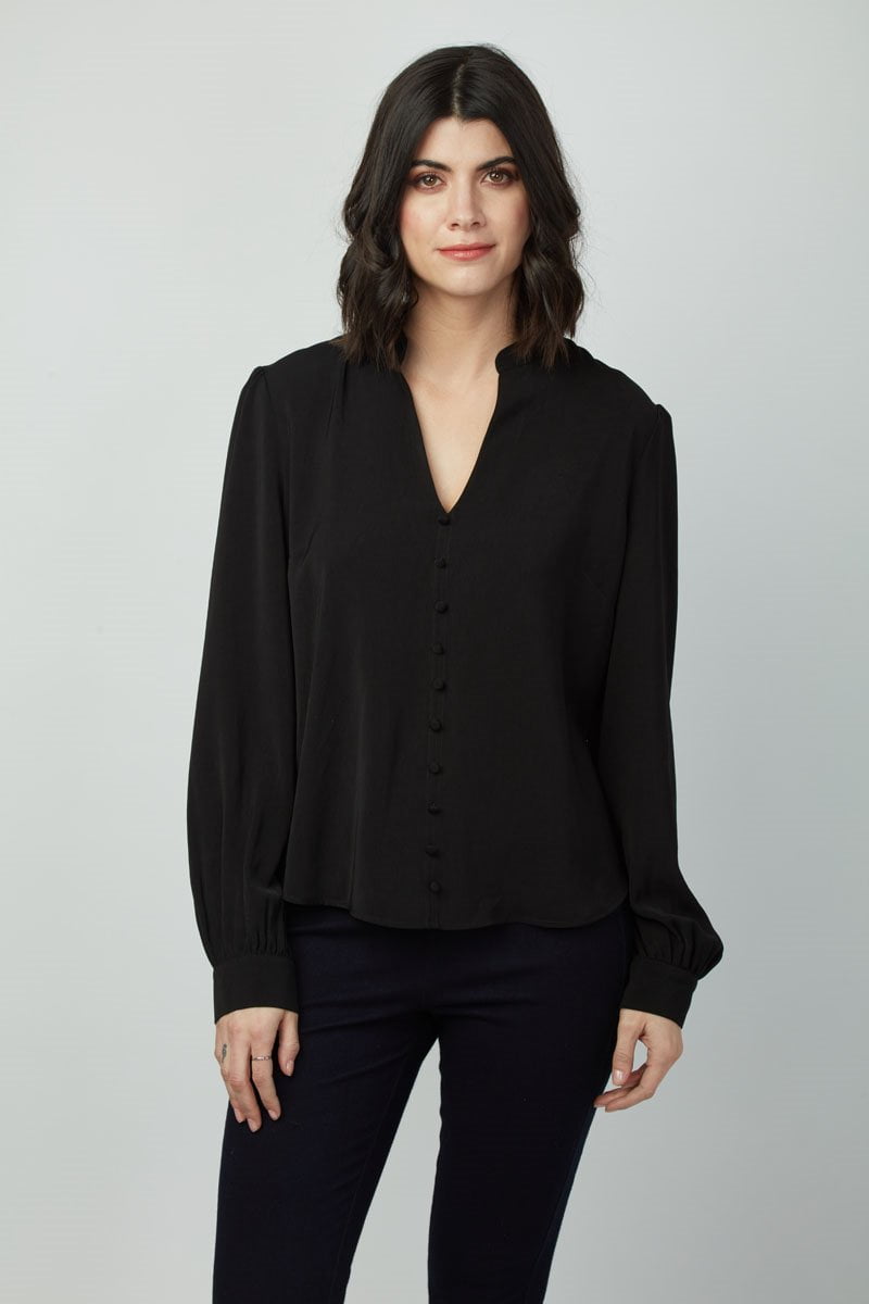FINITY Womens Black Pleated Long Sleeve V Neck Wear To Work Peplum Top main image 1