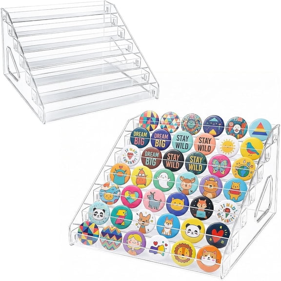 Button Display Case 7-Tier Clear Acrylic Button Pin Display Stand with Anti-Spill Rails, Badge Organizer for Badges, Glasses, Essential Oils, Cards & Cosmetics2PACK