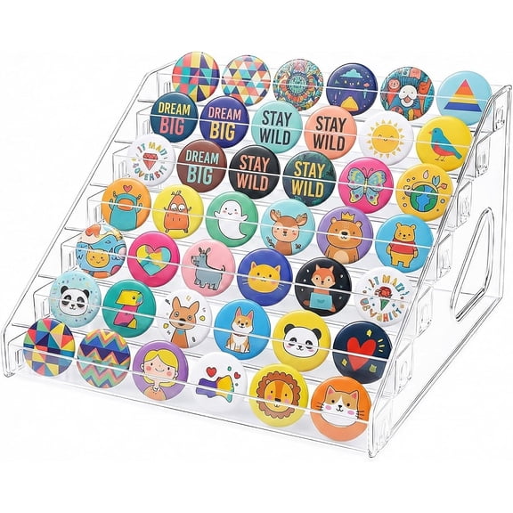 Button Display Case 7-Tier Clear Acrylic Button Pin Display Stand with Anti-Spill Rails, Badge Organizer for Badges, Glasses, Essential Oils, Cards & Cosmetics