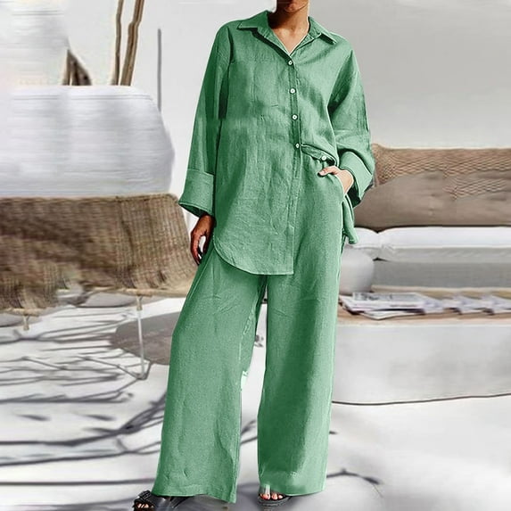 Button Down 2 Piece Linen Outfits for Women Shirts Casual Lapel Loose Top and High Waist Wide Leg Pants Sets (3XL, Green)