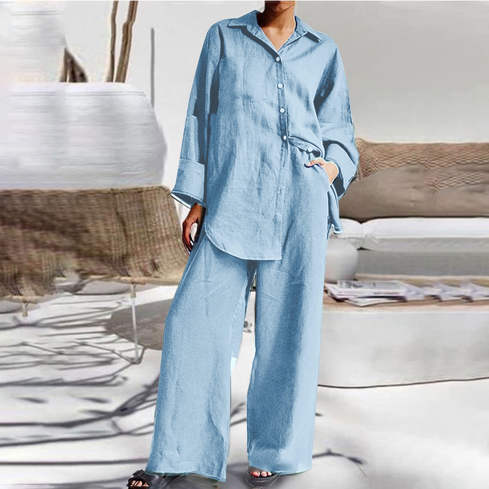 Button Down 2 Piece Linen Outfits for Women Shirts Casual Lapel  display picture 1