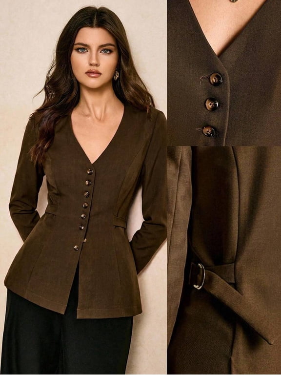 Button Down Blazer for Women Long Sleeve Belted Waist Fitted Tailored Office Workwear Elegant Jacket