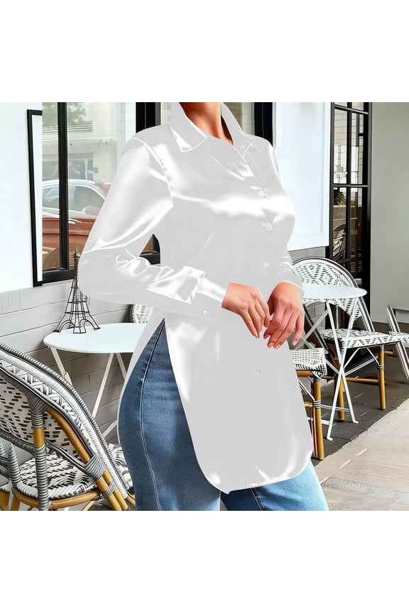 Button Down Blouse for Women Longline Side Slits Design Collared Long Sleeve Relaxed Fit Professional Business Casual Tunic Shirt Workwear Top