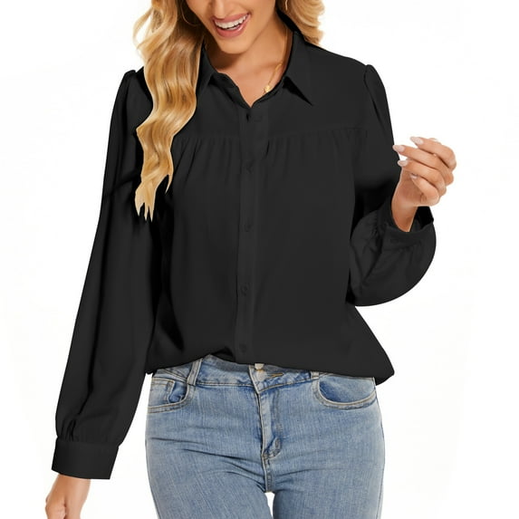 Button Down Blouses for Women Long Sleeve Pleated Tops Casual Business Blouse for Office Wear Chiffon Elegant Black Shirt for Women