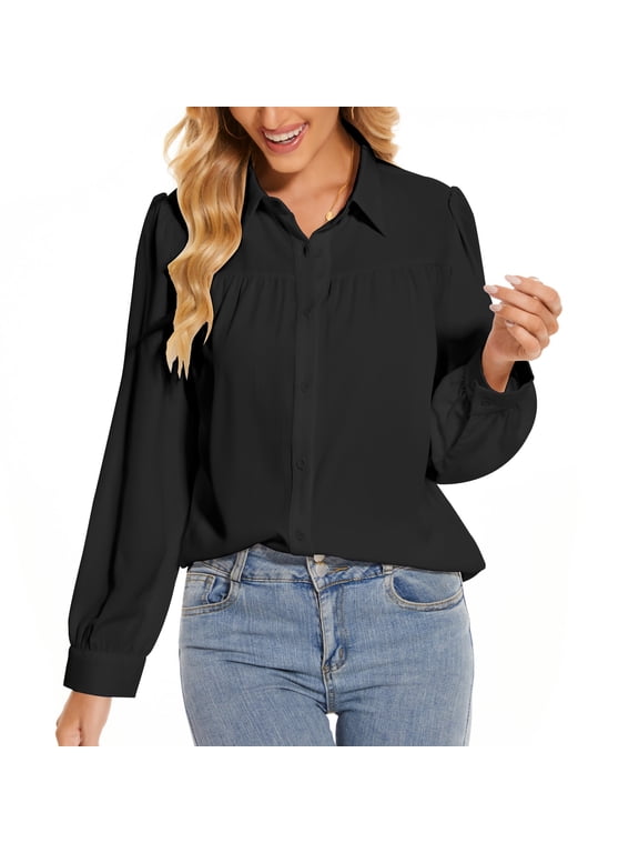 Button Down Blouses for Women Long Sleeve Pleated Tops Casual Business Blouse for Office Wear Chiffon Elegant Black Shirt for Women