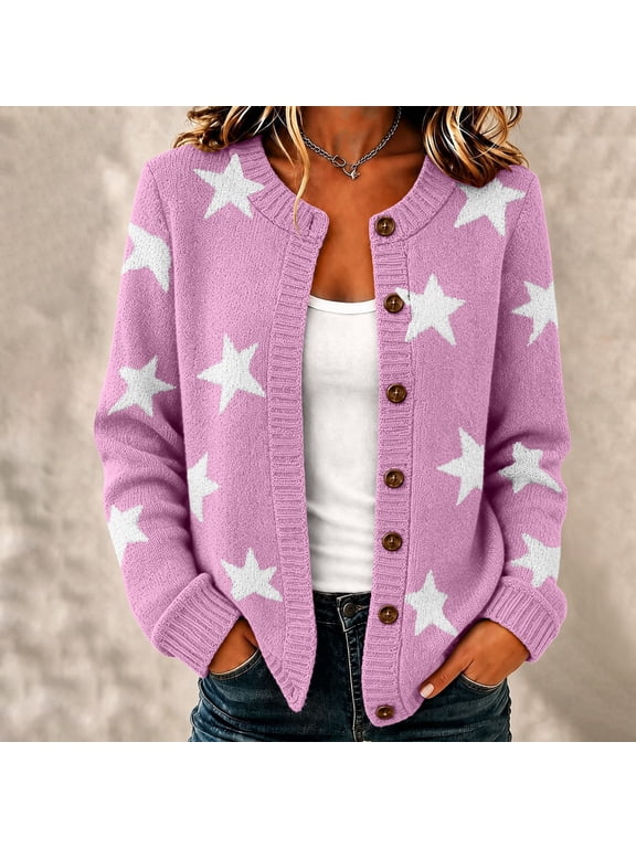 Button Down Cardigan Combines Women's Long Sleeve Star Print Sweater Styling with Crew Neck Ribbed Trim and Multiple Colors