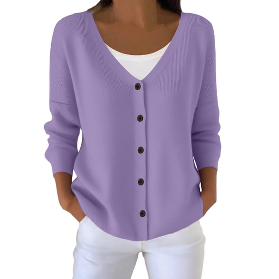 Button Down Cardigan Sweaters for Women Long Sleeve Loose Basic Solid Versatile Knitted Outerwear