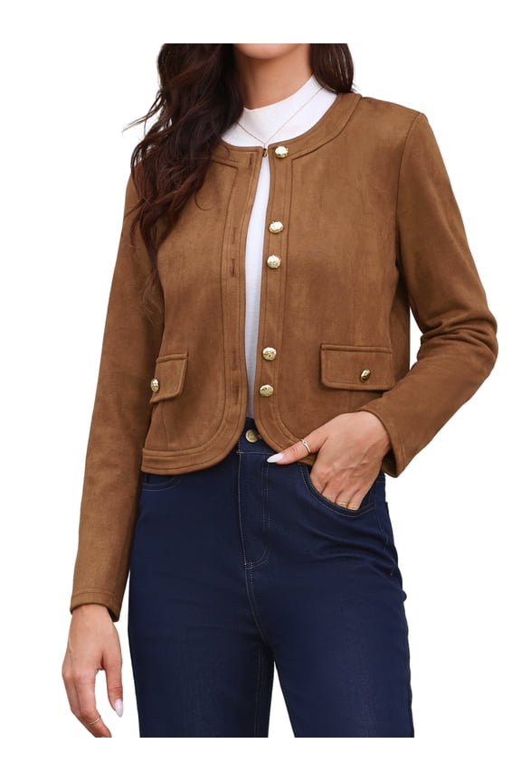 Button Down Coat for Women Long Sleeves Crew Neck Vintage Jackets M Brown