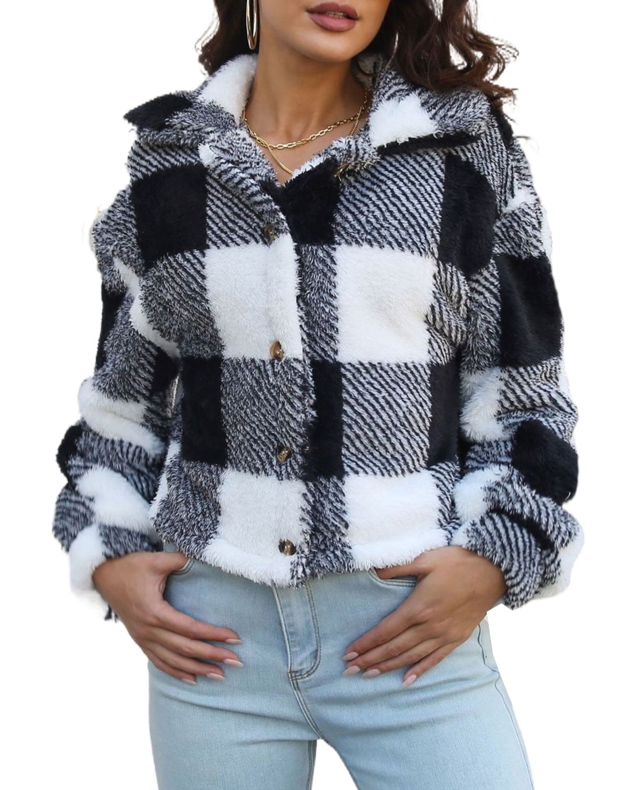 Button Down Coats for Women Trendy Plaid Lapel Neckline Sherpa Jacket ...