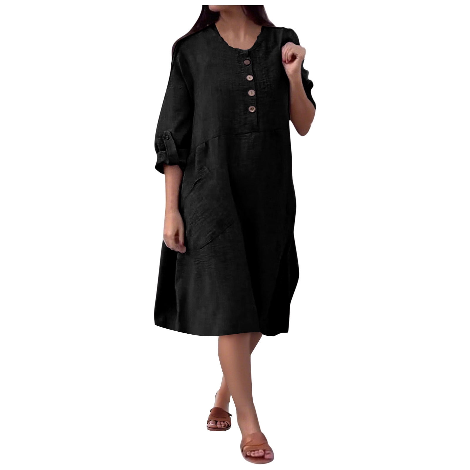 Button Down Cotton Linen Dress for Womens Knee Length Long Shirt ...