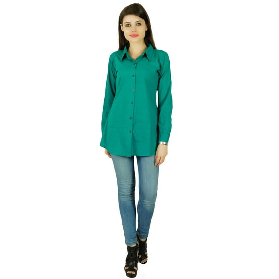 Button Down Cotton Shirt Long Sleeve Teal Top Casual Blouse Women Wear