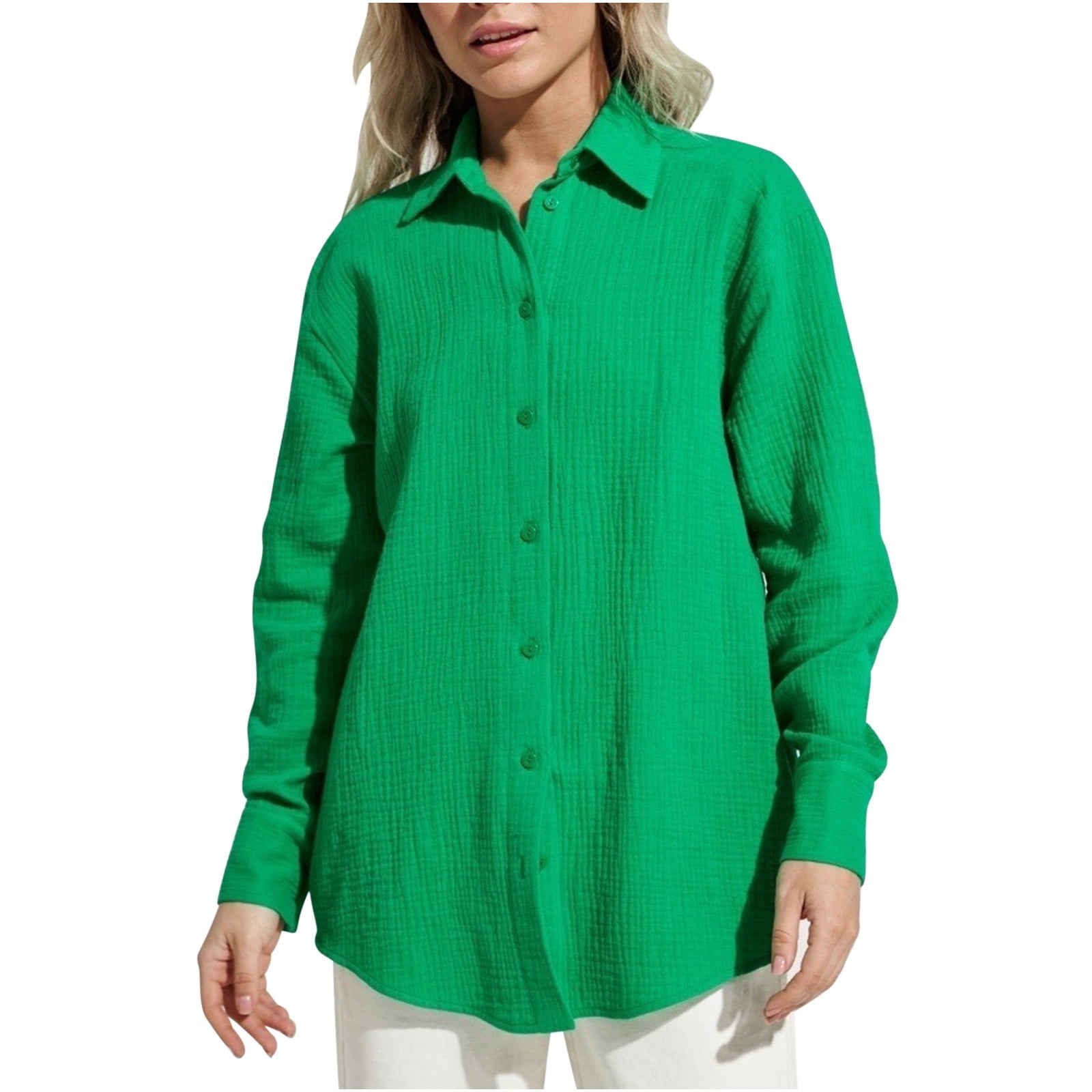 Button Down Cotton Shirts for Women Casual Long Sleeve Dressy Baggy Loose Blouses Fashion Solid