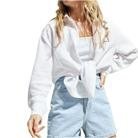Button Down Cotton Shirts for Women Casual Long Sleeve Dressy Baggy Loose Blouses Fashion Solid Color Workwear (Small, White)