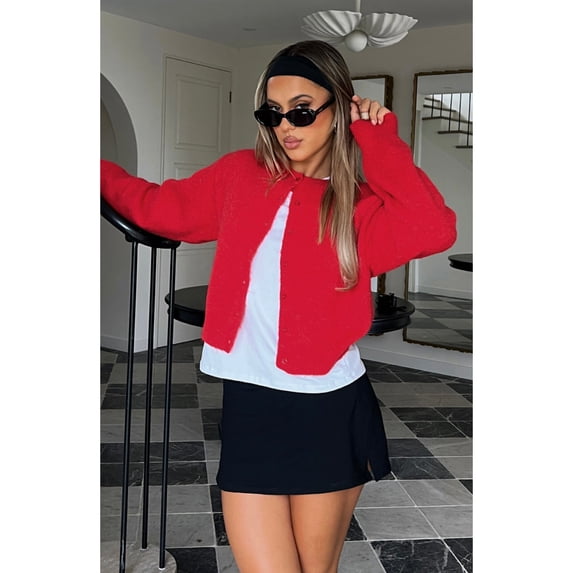 Button Down Cropped Cardigan Sweater (L, Pink)