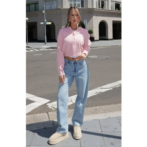 Button Down Cropped Cardigan Sweater (S, Pink)