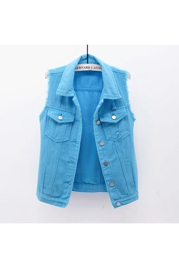 Button Down Denim Vest, Women's Frayed Edge Denim Sleeveless Jacket with Chest Pockets Distressed Jean Waistcoat for Layering and Daily Use, Blue L