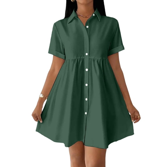 Button Down Dress for Women Casual Summer Short Sleeve A Line Shirt Dresses Loose Knee Length Collared Dress, 2XL